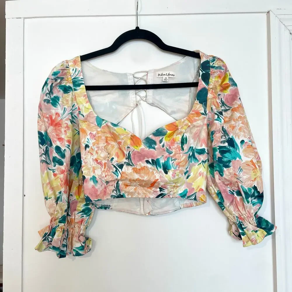 For Love & Lemons Holis Lace Up Crop Top Floral Puff Sleeves Sweetheart And XS - Picture 2 of 9